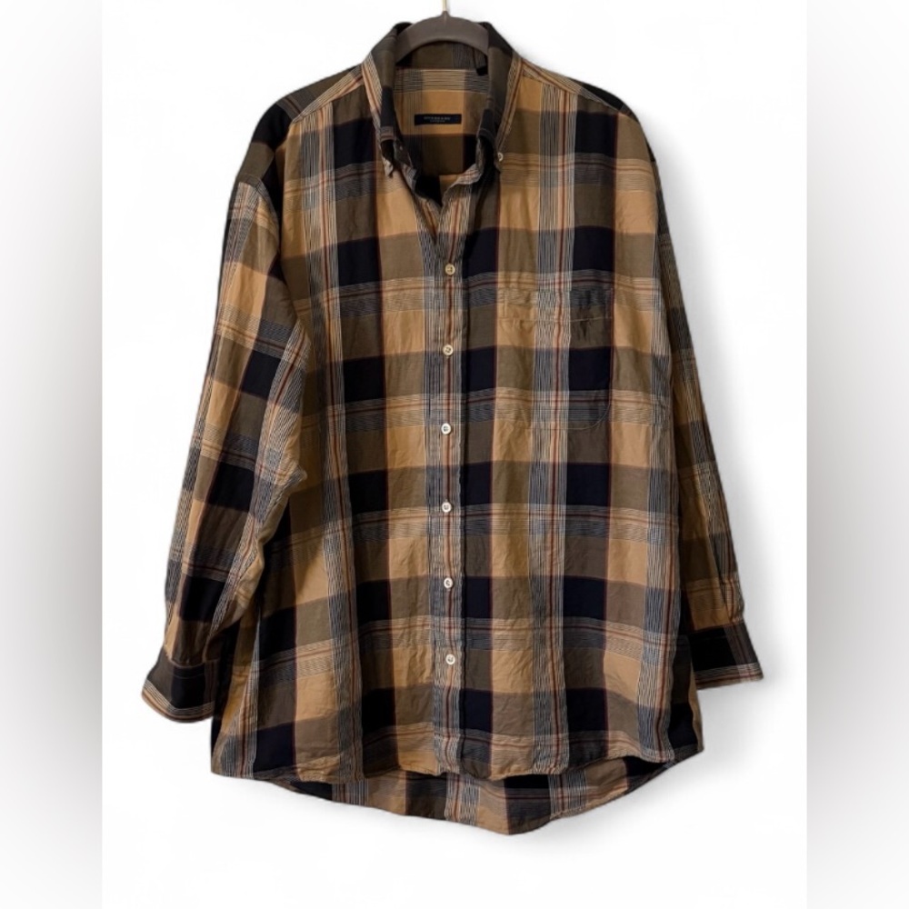 Burberry London men’s Large long sleeve button up checkered tan dress shirt
